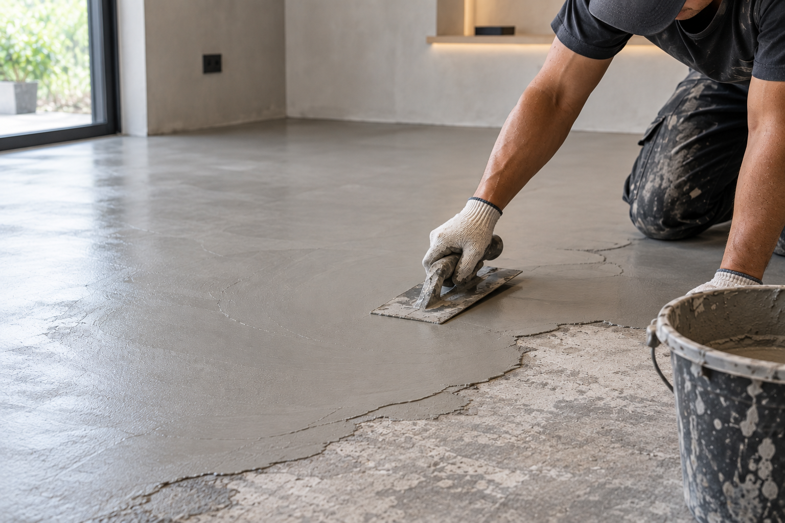 A worker smoothing a fresh layer of grey microcement onto a concrete floor using a metal trowel