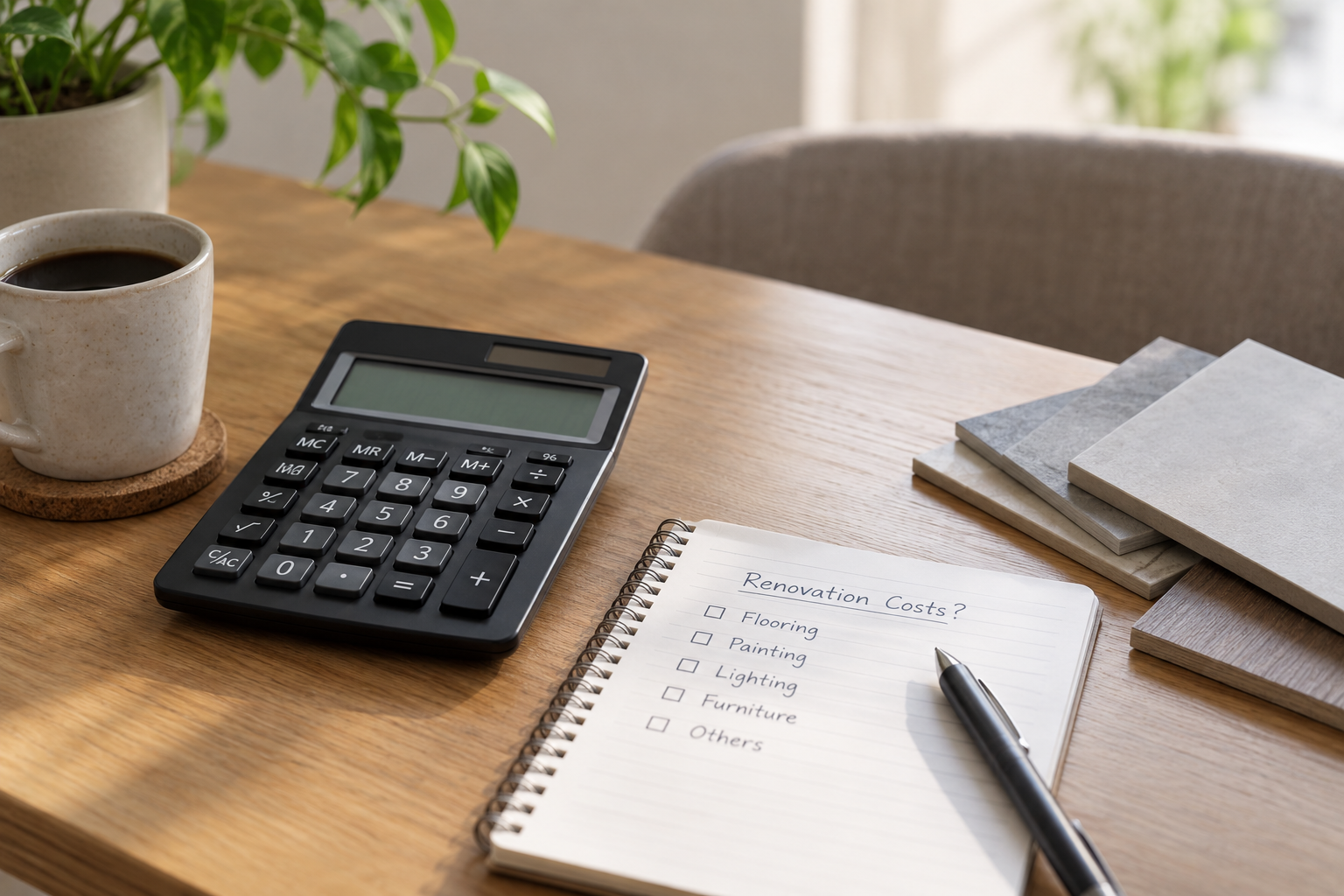 Wooden desk with a calculator, a notepad listing "Renovation Costs?", material sample tiles, and a cup of coffee.