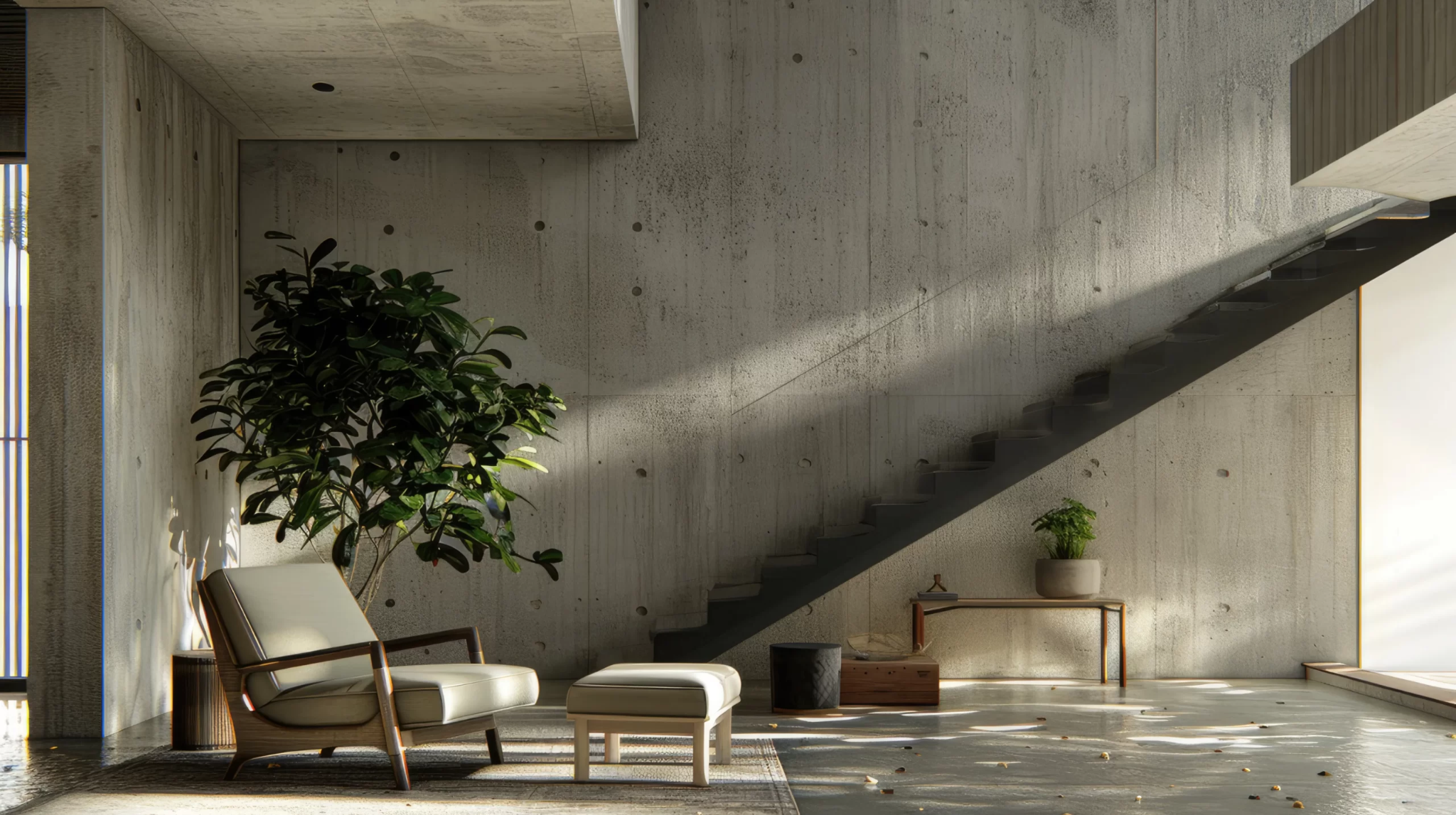 Modern brutalist interior featuring raw concrete walls, a floating staircase, an armchair with an ottoman, and indoor plants in natural sunlight.